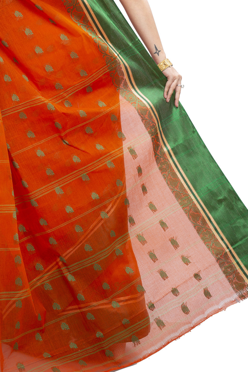 Orange Green Pure Cotton Sukla_Velvet Tant Saree (799)